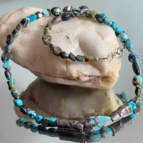Genuine Hubei Turquoise Choker Necklace Sterling Silver Handmade Tribal - Picture 3 of 11